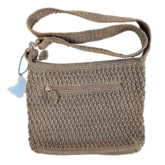 Liz Claiborne Crossbody Bag Tan Crocheted Blue Butterfly Charm Y2K‎ - Picture 1 of 7